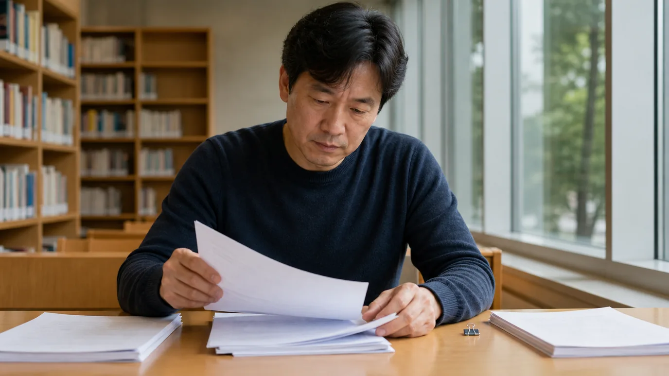 도서관 창가 좌석에서 40대 한국인 성인이 단색 종이 인쇄물 여러 장을 넘겨보며 작은 종이 클립을 옆에 둔 장면