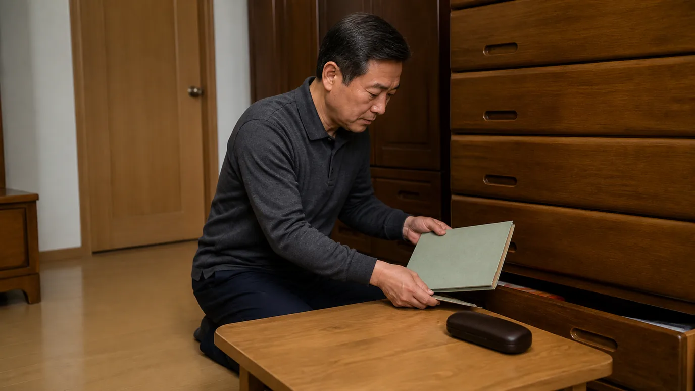 집의 낮은 서랍장 앞에서 50대 한국인 성인이 오래된 단색 종이 진료 기록철을 꺼내 안경 케이스 옆에 놓는 장면
