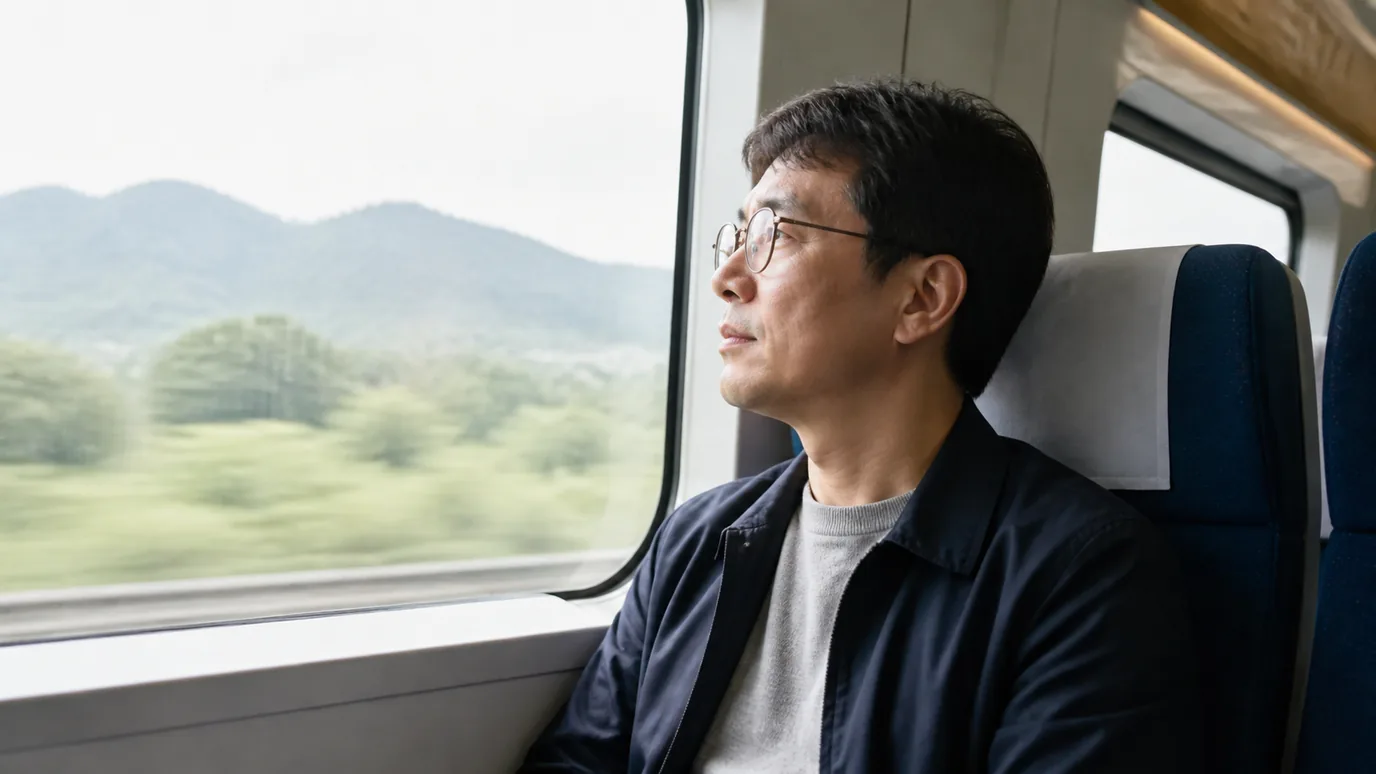 기차 좌석에 앉은 40대 한국인 성인이 안경을 쓴 채 창밖 풍경을 차분히 바라보는 장면
