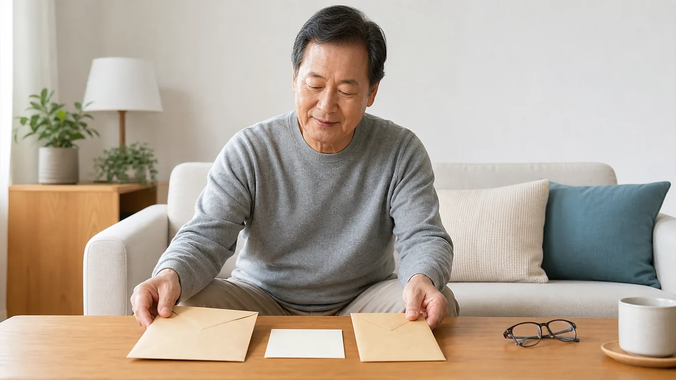밝은 서재에서 60대 한국인 성인이 과거·현재·미래를 상징하는 세 개의 무표기 기록 상자를 차례로 정리하는 장면