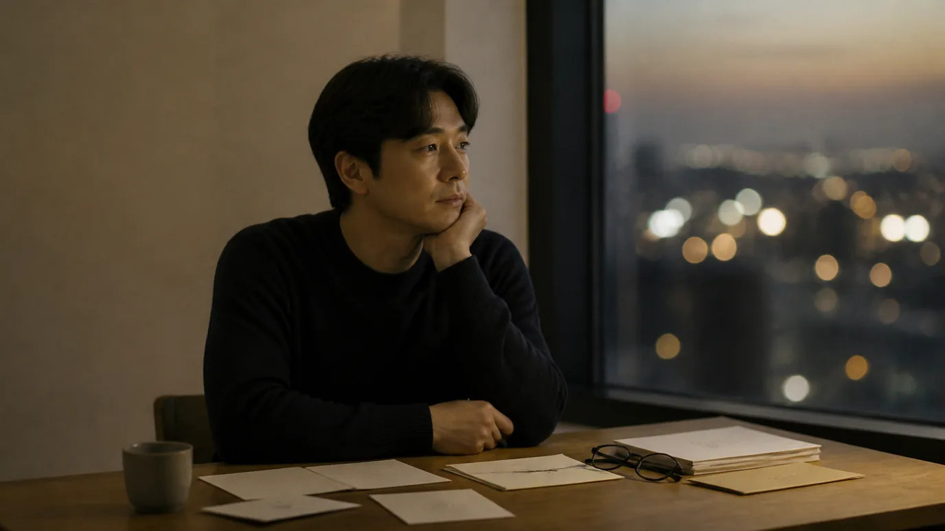 해 질 무렵 밝은 실내 창가에서 50대 한국인 성인이 자동차 열쇠를 내려놓고 무표기 야간 활동 카드 세 장을 살피는 장면