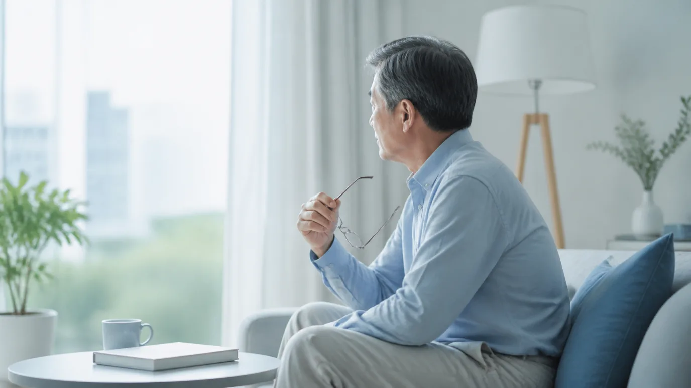 햇살이 부드러운 거실에서 60대 한국인 성인이 안경을 벗어 손에 든 채 먼 풍경을 바라보는 장면