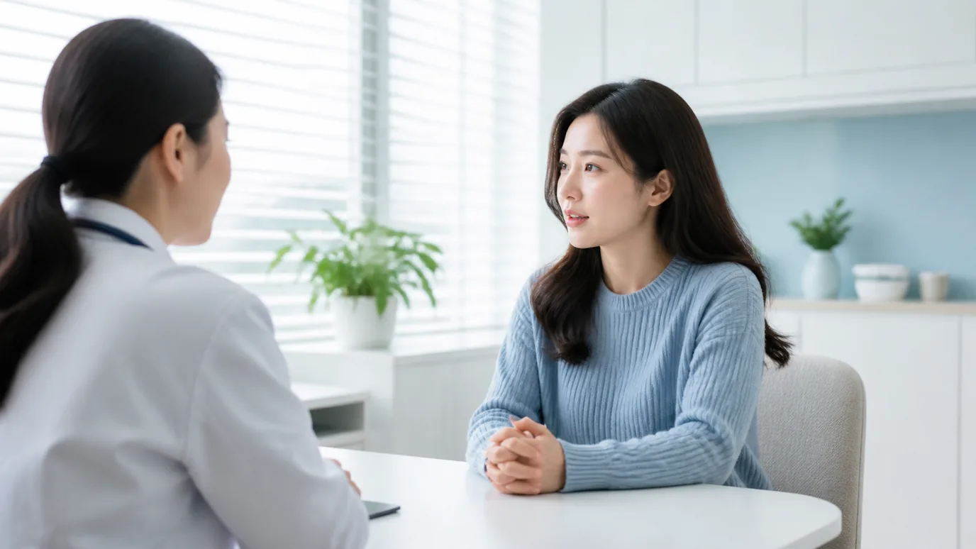 밝은 상담실에서 30대 한국인 성인이 한국인 의료진과 눈높이를 맞춰 차분히 대화하는 장면