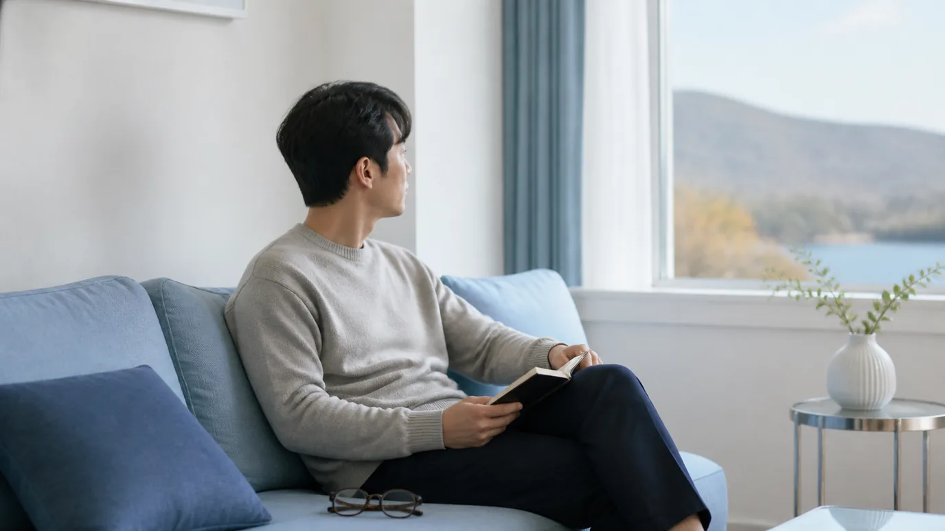 조용한 거실에서 30대 한국인 성인이 안경을 옆에 둔 채 먼 창밖과 가까운 물건을 번갈아 바라보는 장면