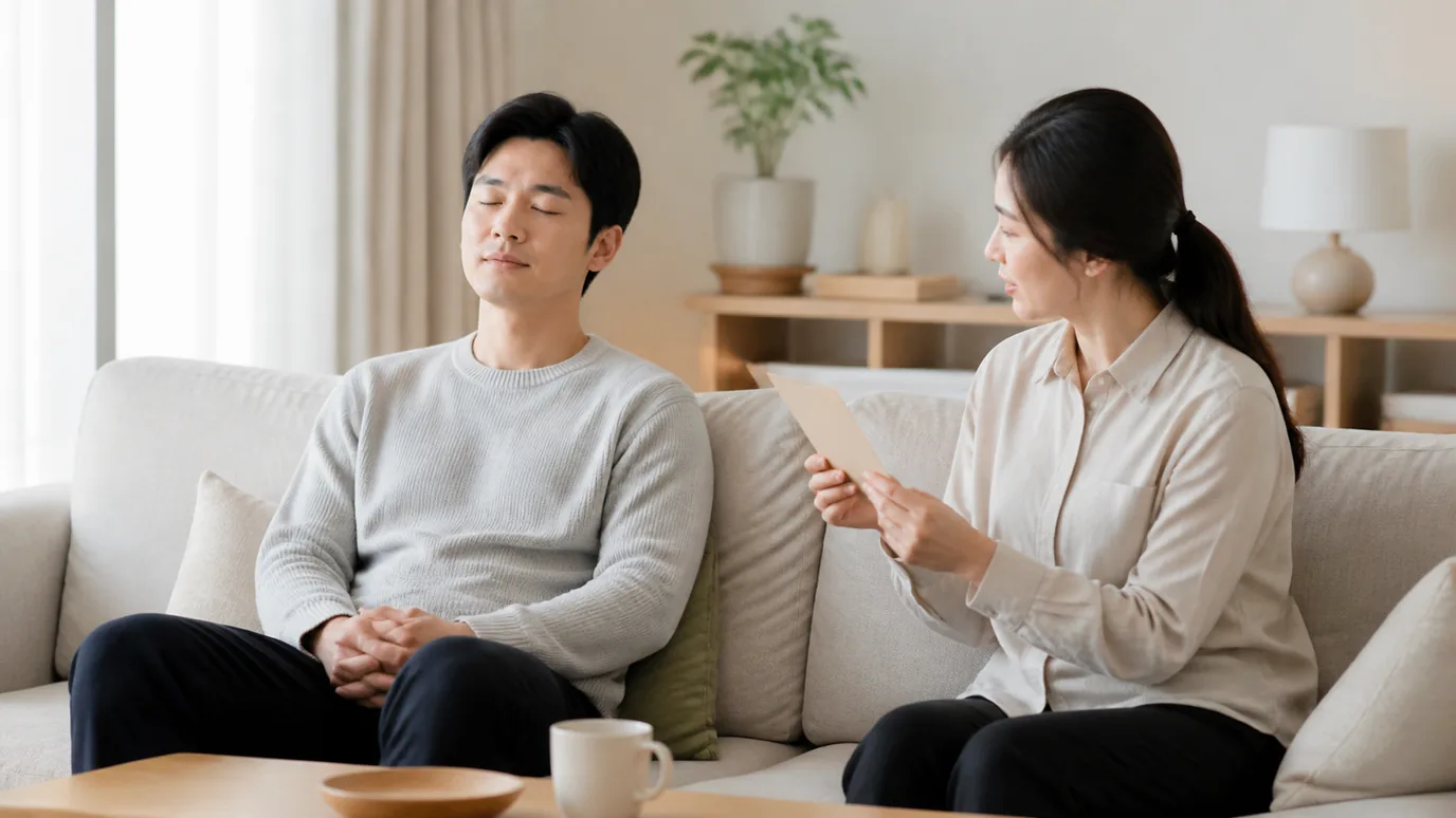 밝은 거실에서 30대 한국인 성인이 눈을 감고 잠시 쉬며 동행자가 단색 종이 진료 카드를 손에 든 장면