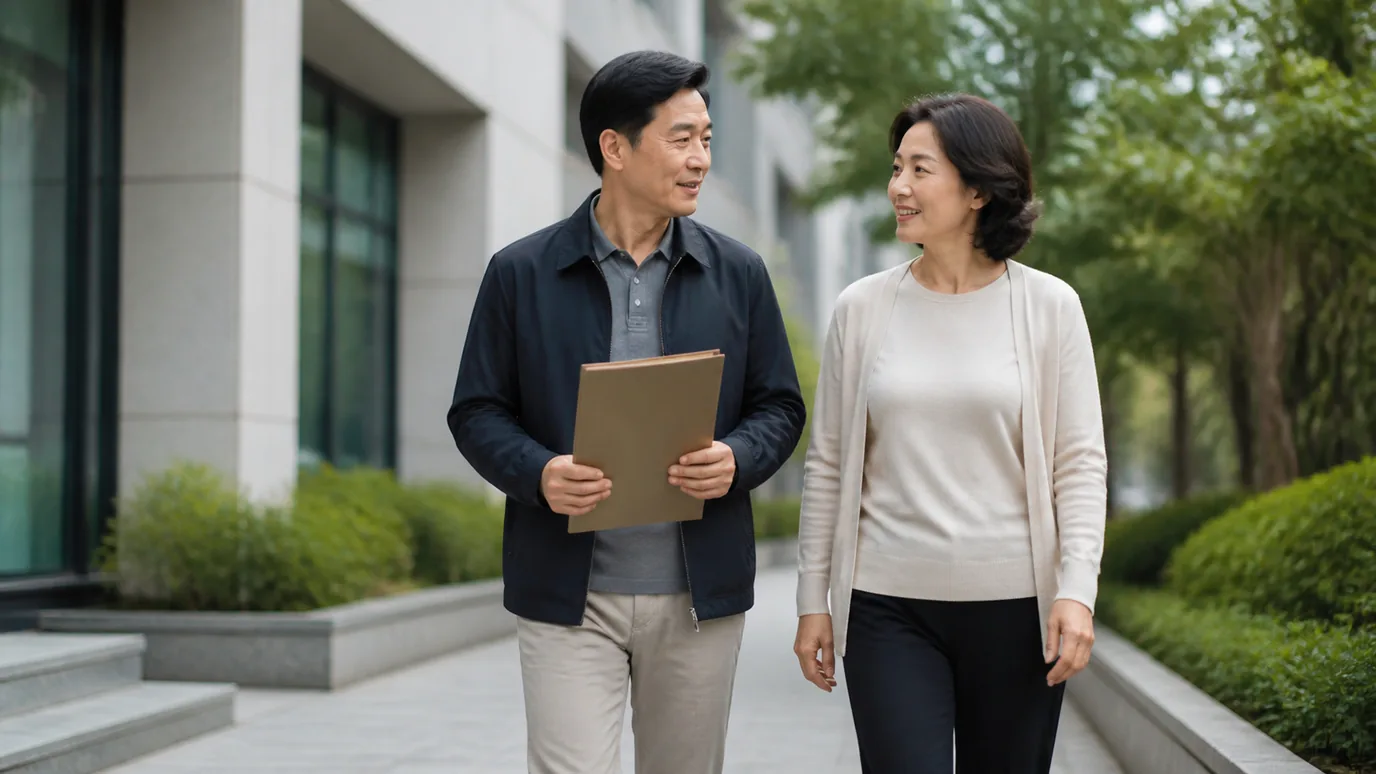 간판이 보이지 않는 동네 의료건물 앞 보행로에서 50대 한국인 성인이 동행자와 천천히 걸으며 닫힌 종이 기록철을 든 장면