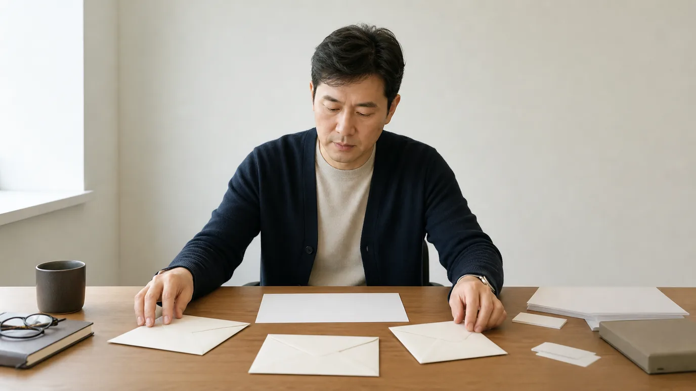 밝은 책상에서 40대 한국인 성인이 의료기관, 보험사, 카드사와 최종 기록을 뜻하는 네 개의 무문자 봉투를 서로 다른 방향에 놓는 장면