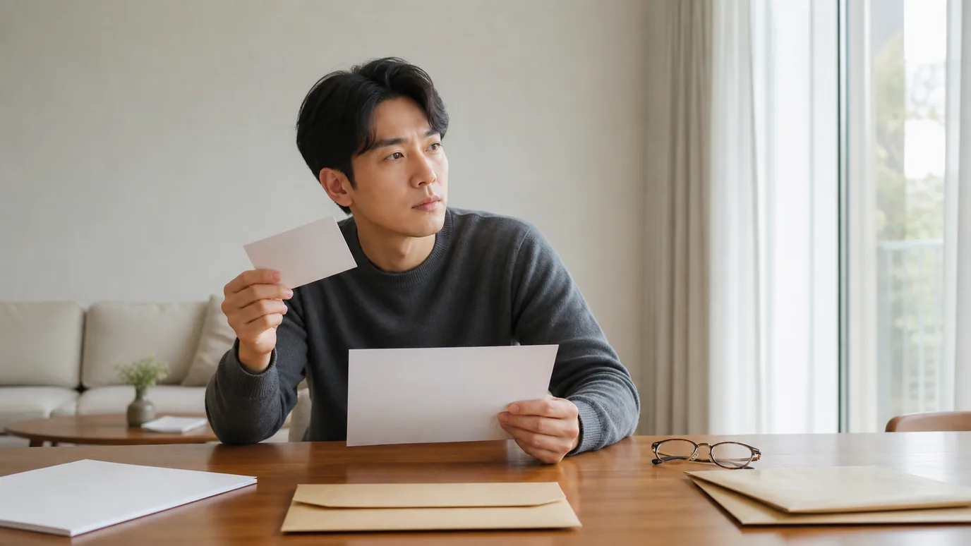 밝은 거실에서 30대 한국인 성인이 가까운 책, 중간 거리 소품과 먼 창가 방향을 차분히 비교하는 장면