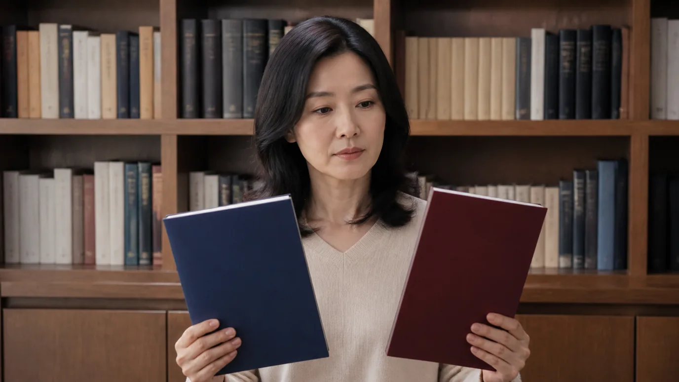 조용한 서가 앞에서 40대 한국인 성인이 서로 다른 색의 닫힌 종이 자격 자료집 두 권을 양손에 들고 비교하는 장면