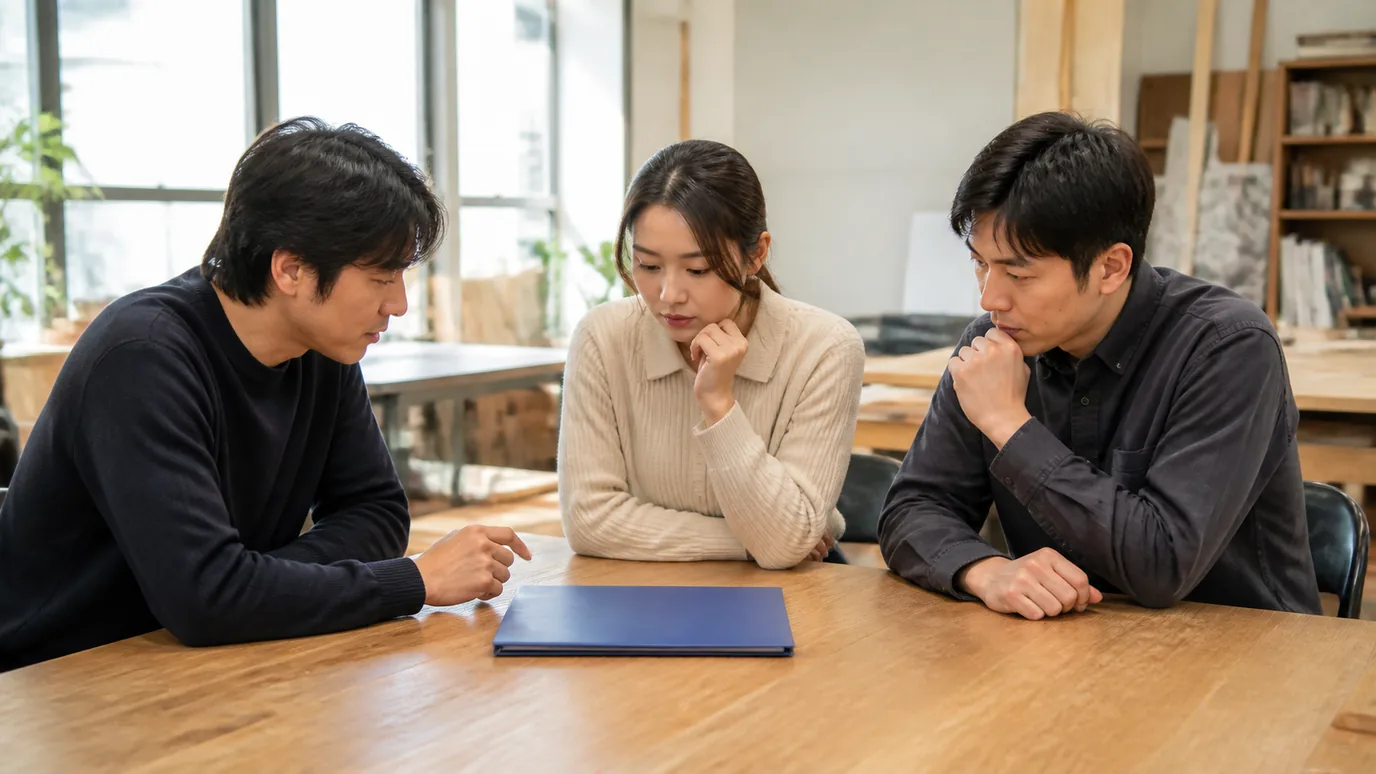 자연광이 드는 공동 작업실에서 평상복 한국인 성인 세 명이 닫힌 단색 종이 계약철을 사이에 두고 진지하게 논의하는 장면