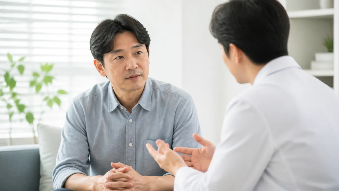밝은 상담실에서 40대 한국인 성인이 한국인 의료진의 설명을 집중해 듣는 장면