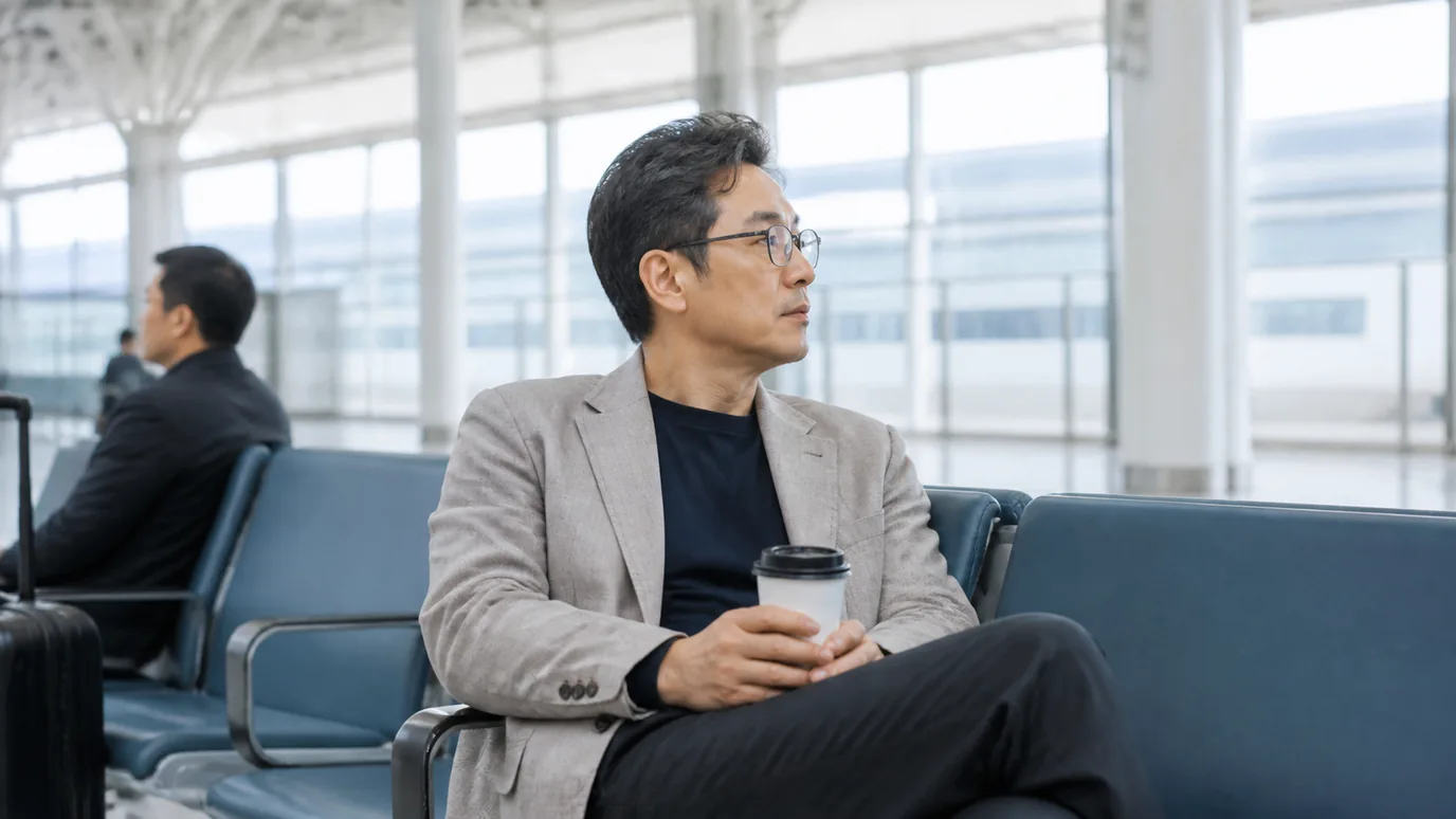 기차역 대합 공간에서 50대 한국인 성인이 안경을 쓴 채 편안히 앉아 있는 장면
