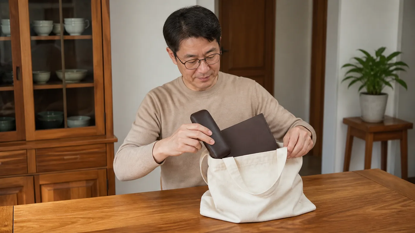 집의 원목 식탁에서 50대 한국인 성인이 안경 케이스와 닫힌 단색 종이 진료철을 천 가방에 챙기는 장면