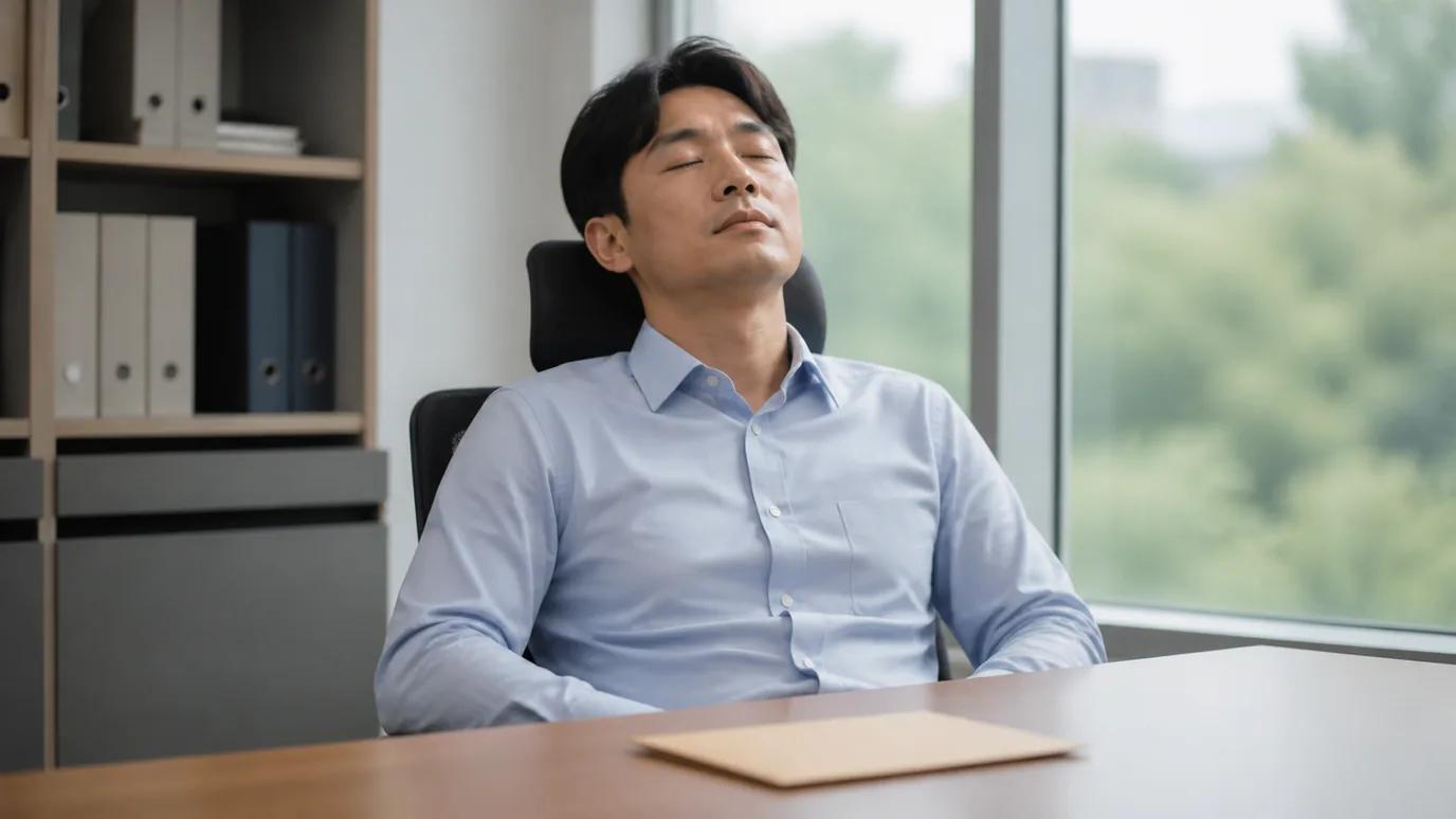 조용한 사무실 창가에서 30대 한국인 성인이 눈을 감고 쉬며 닫힌 단색 종이 휴가 신청서를 책상에 둔 장면
