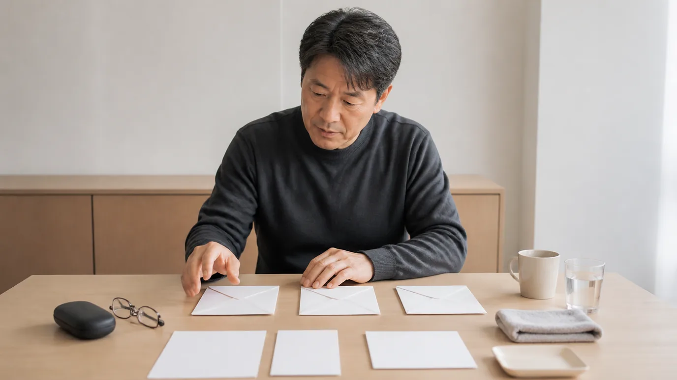밝은 상담실에서 50대 한국인 성인이 서로 모양이 다른 두 개의 비식별 렌즈 포장 모형과 거리별 생활 카드를 분리해 보는 장면