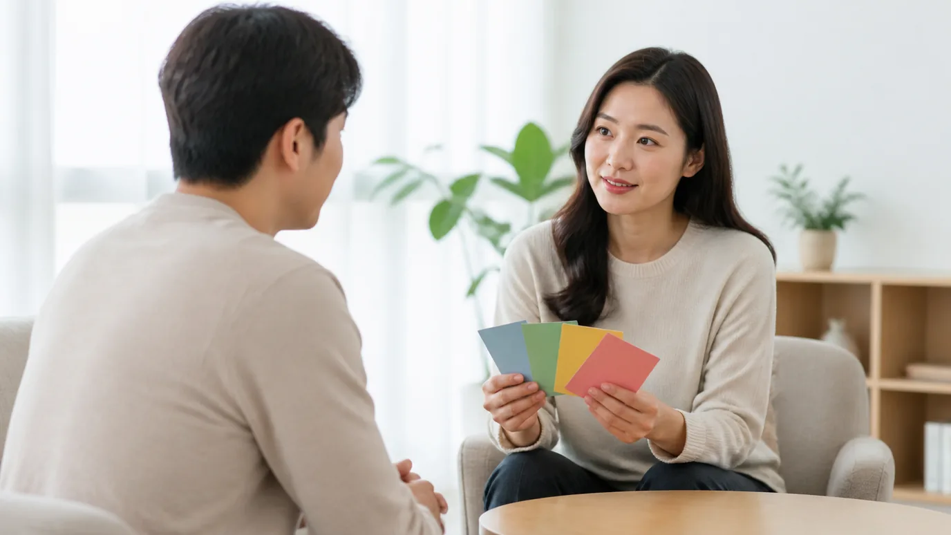 밝은 상담 공간에서 30대 한국인 성인이 평상복 상담자와 단색 종이 선택 카드 몇 장을 손에 나눠 들고 대화하는 장면