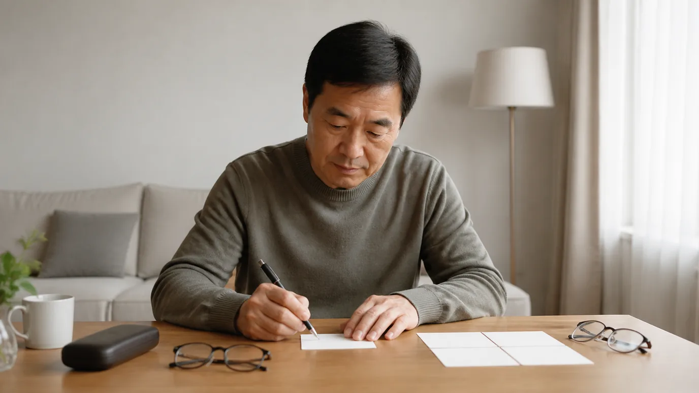 밝은 거실 테이블에서 50대 한국인 성인이 안경 옆의 무문자 관찰 카드에 거리별 눈 불편을 표시하는 장면