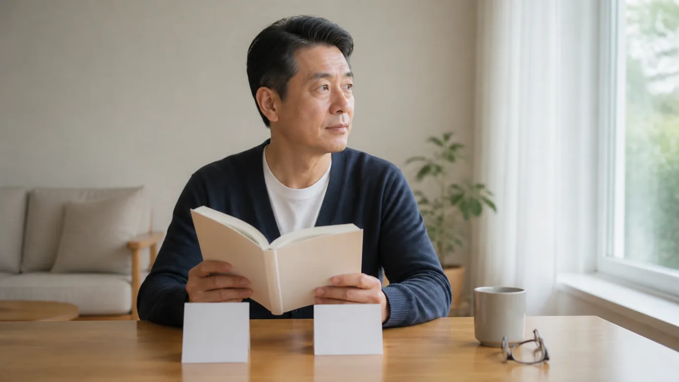 밝은 생활 공간에서 50대 한국인 성인이 가까운 책과 먼 창밖 방향을 번갈아 보며 두 개의 무문자 초점 카드를 비교하는 장면