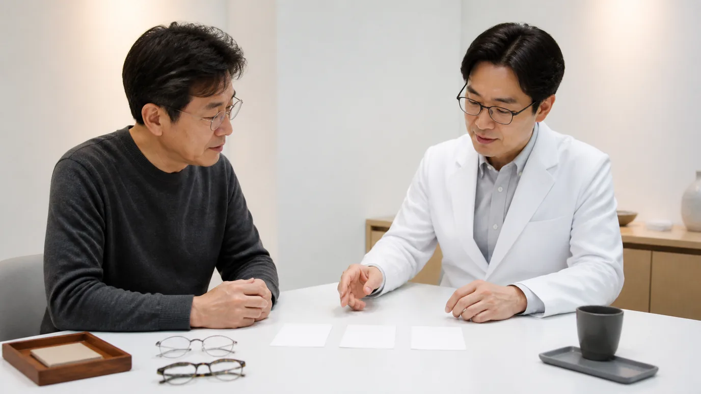 밝은 상담 테이블에서 50대 한국인 성인이 위험·대응·추적을 상징하는 서로 다른 무문자 카드 세 장을 한국인 의료진과 확인하는 장면