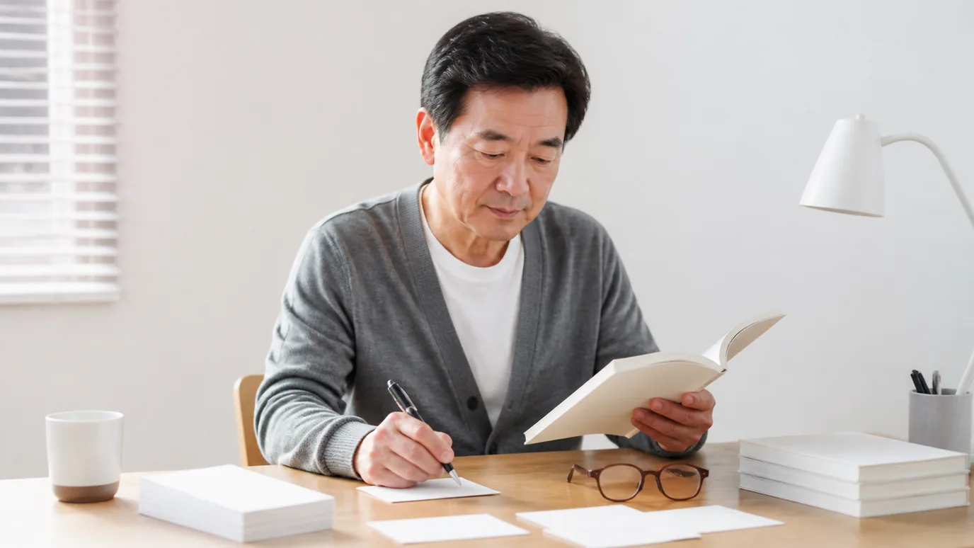 밝은 책상에서 50대 한국인 성인이 안경과 책을 평소 거리로 두고 무문자 준비 카드에 관찰 내용을 표시하는 장면