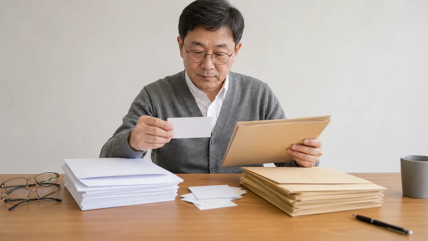 밝은 테이블에서 50대 한국인 성인이 계약 서류 봉투와 진료 기록 봉투를 분리해 무문자 확인 카드와 대조하는 장면