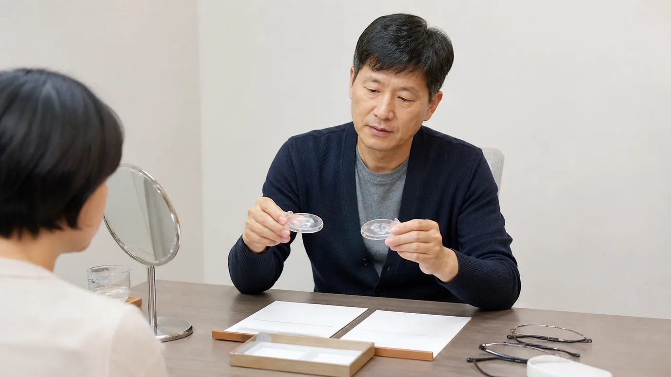 밝은 상담 테이블에서 50대 한국인 성인이 서로 다른 두 개의 투명 렌즈 케이스와 무문자 거리 카드를 비교하는 장면
