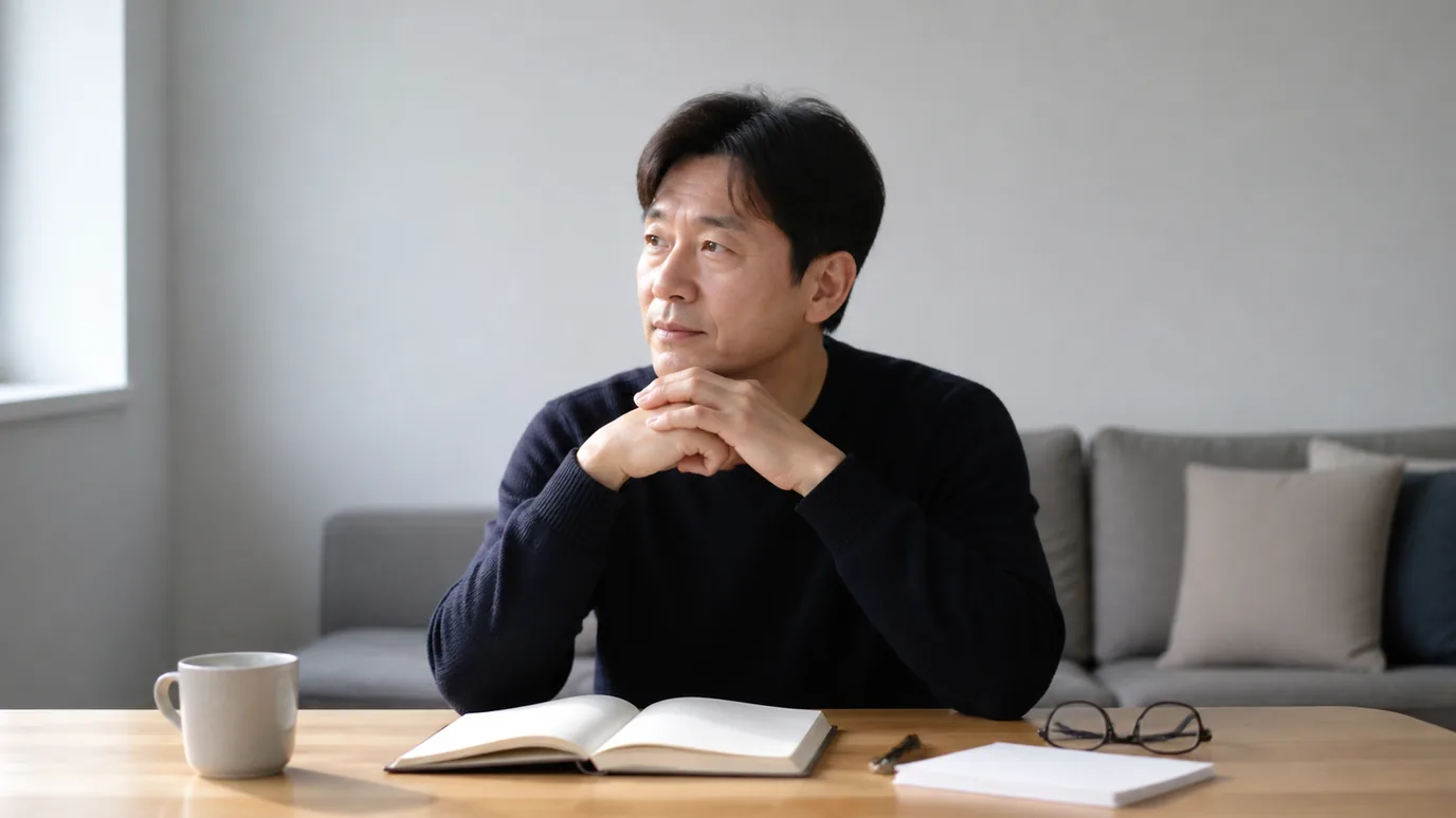 밝은 휴식 공간에서 40대 한국인 성인이 책과 안경 옆에 무문자 관찰 카드를 두고 잠시 먼 방향을 바라보는 장면