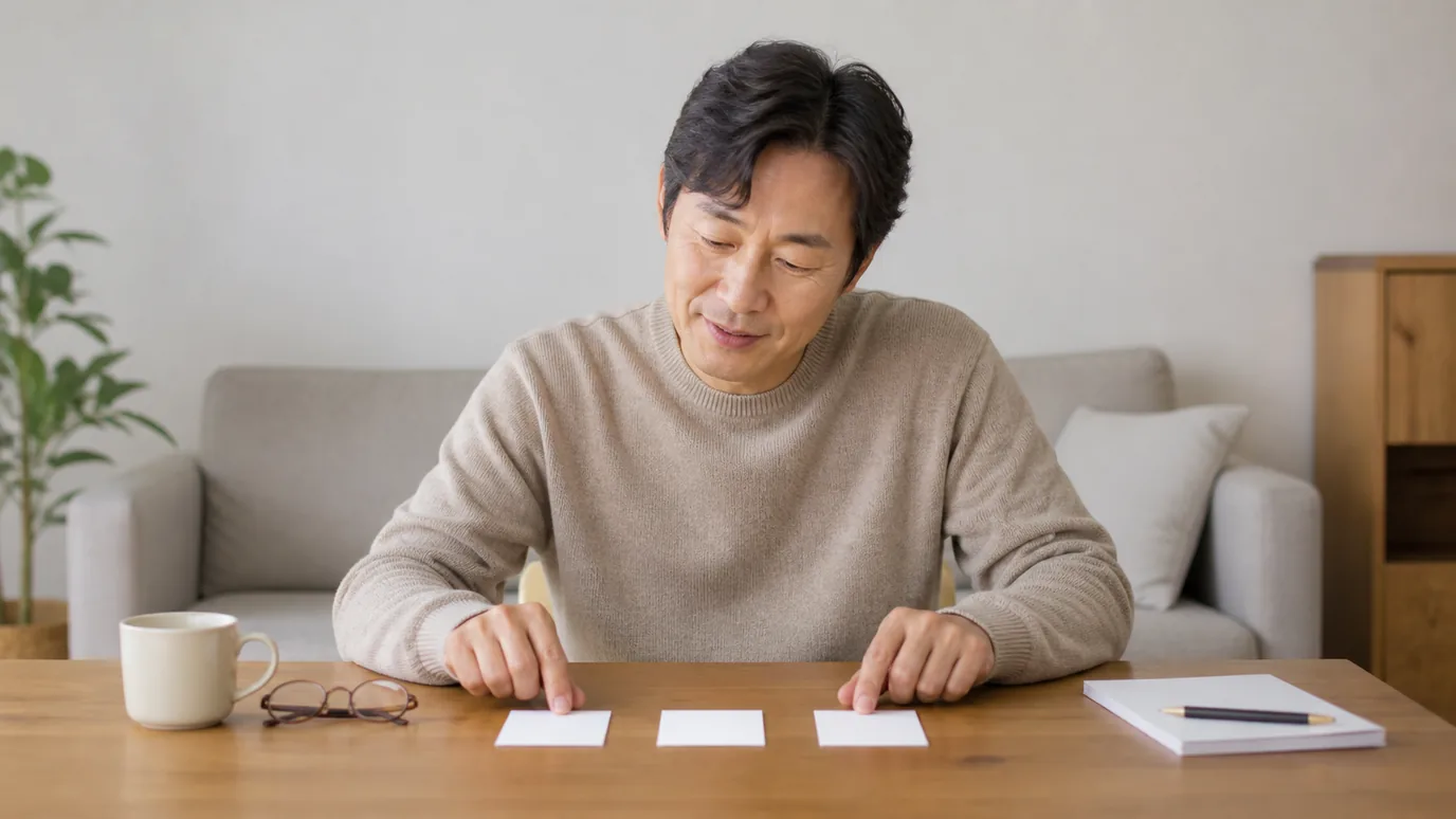 밝은 생활 공간에서 50대 한국인 성인이 독서·화면·운전을 상징하는 세 개의 무문자 생활 카드에 우선순위를 표시하는 장면
