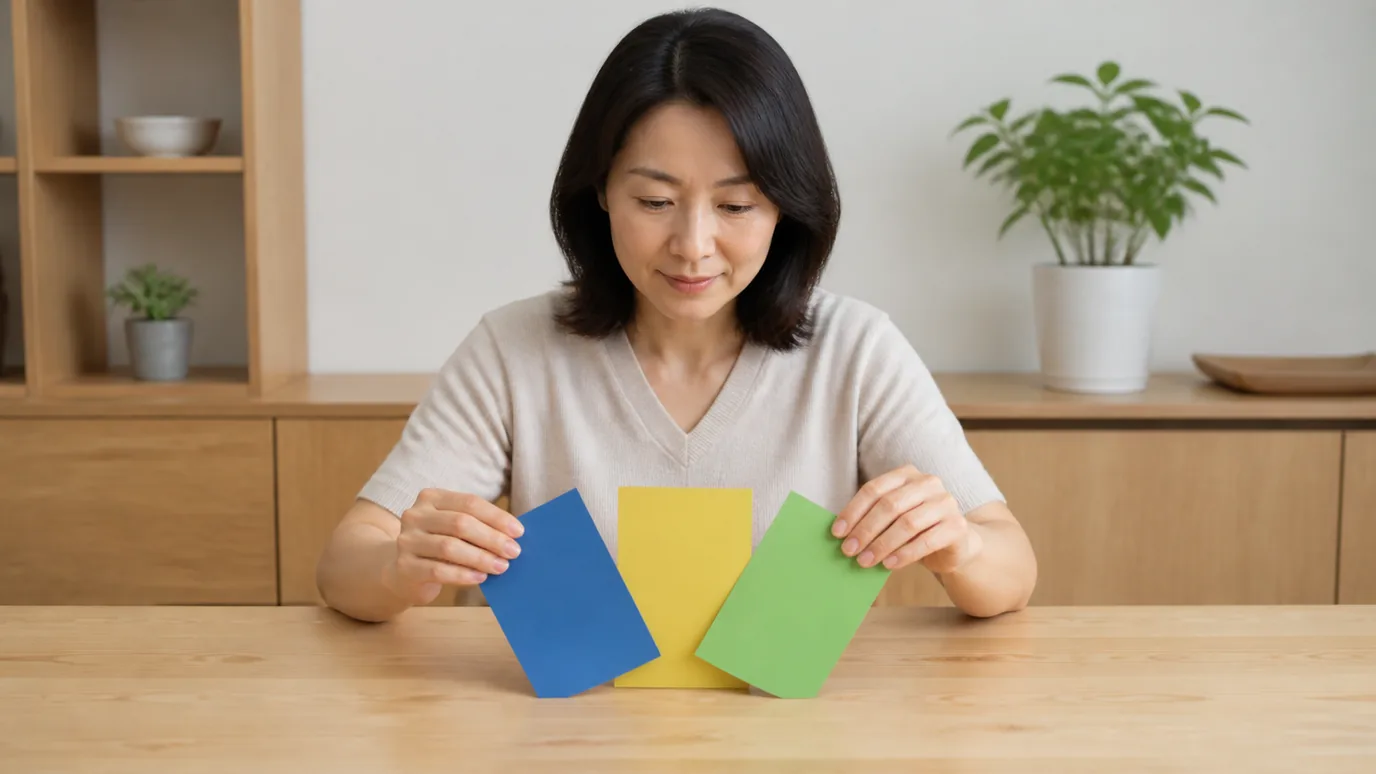 밝은 원목 식탁에서 40대 한국인 성인이 세 가지 색의 단색 종이 카드를 부채꼴로 펼쳐 방문 목적을 나누는 장면