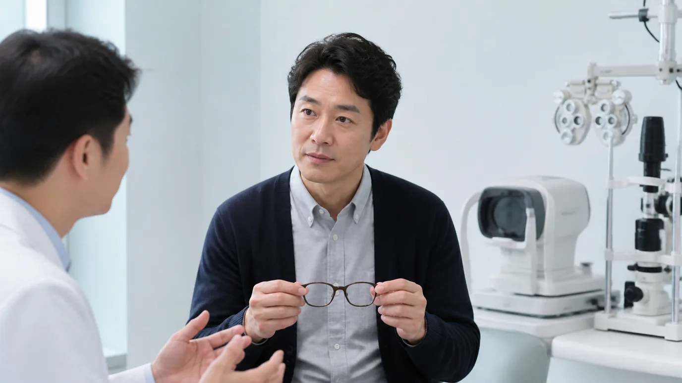 밝은 검사실에서 40대 한국인 성인이 안경을 벗어 손에 들고 한국인 의료진의 안내를 듣는 장면