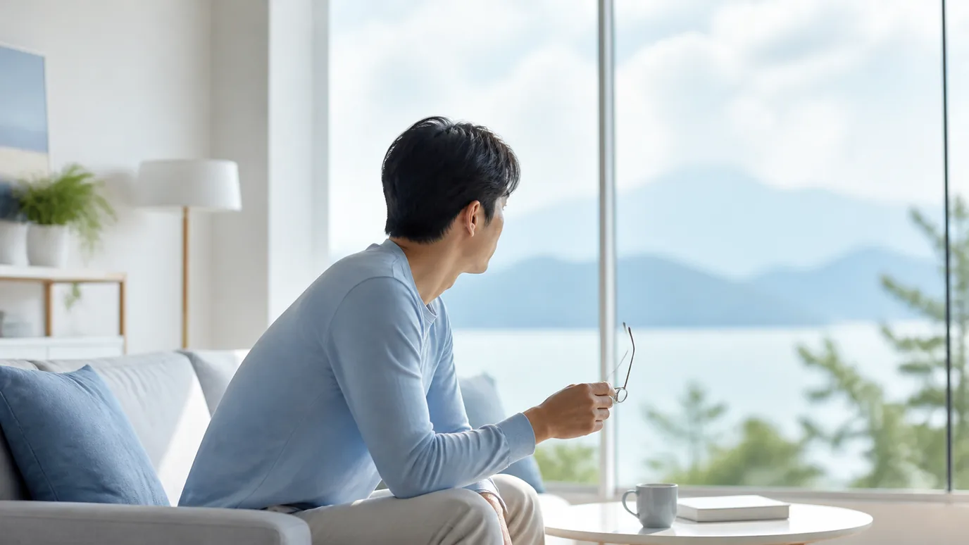 밝은 거실에서 30대 한국인 성인이 한 손에 안경을 들고 두 눈으로 먼 풍경을 차분히 바라보는 장면