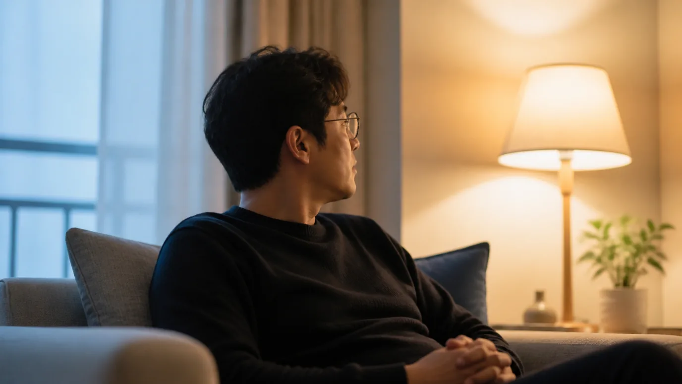 어두운 거실 창가에서 30대 한국인 성인이 안경을 쓴 채 부드러운 실내 조명을 바라보는 장면