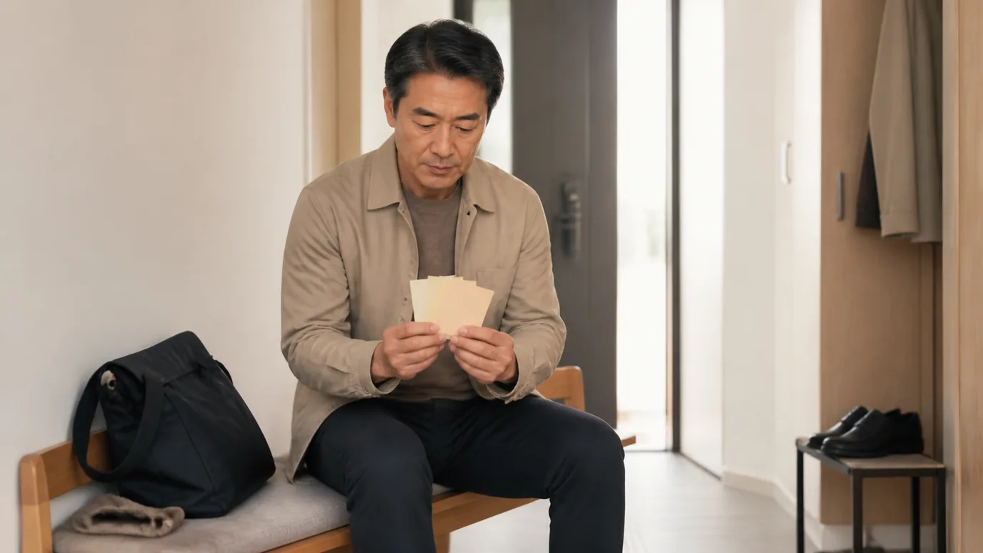 조용한 현관 벤치에서 50대 한국인 성인이 단색 종이 메모 세 장을 시간 순서로 겹쳐 들고 외출을 준비하는 장면