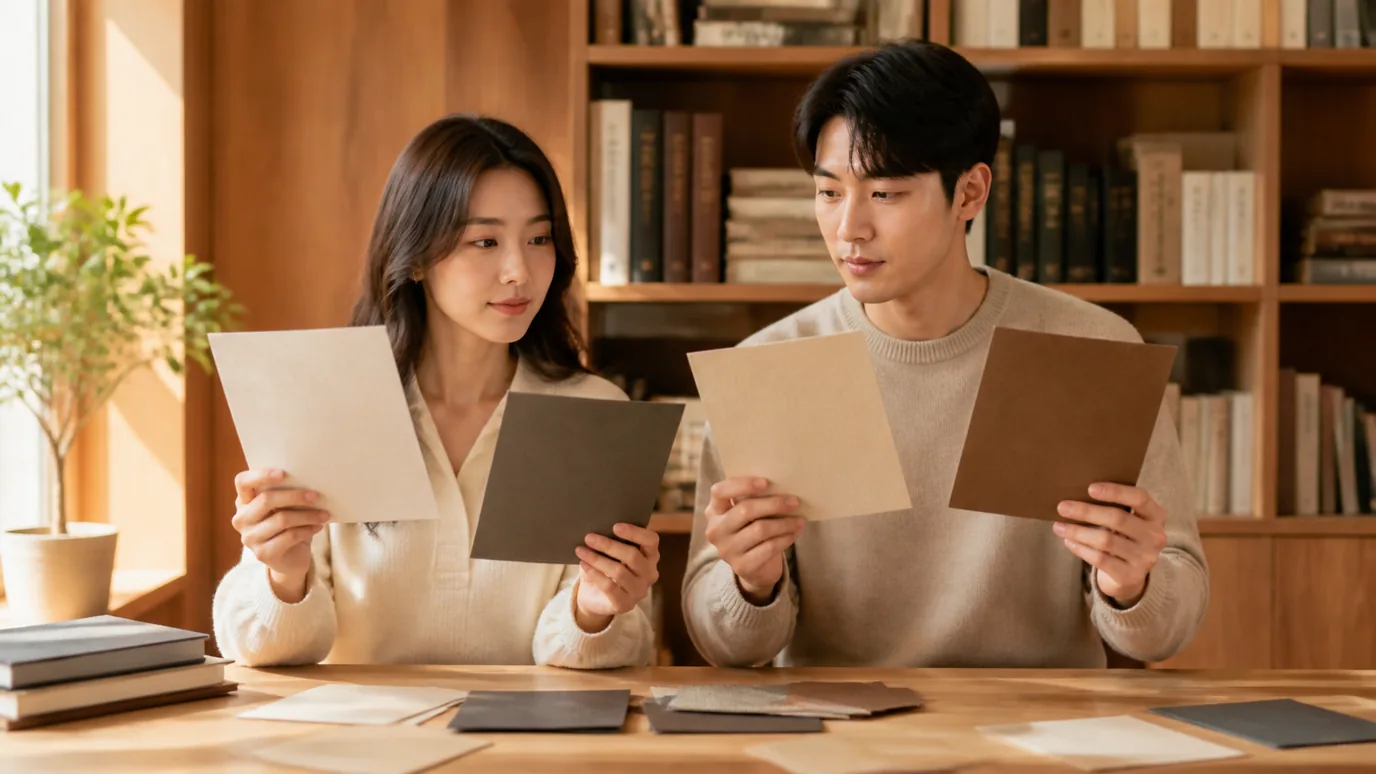 햇살 든 서재에서 30대 한국인 성인이 서로 다른 질감의 단색 종이 조각을 양손에 나눠 들고 비교하는 장면