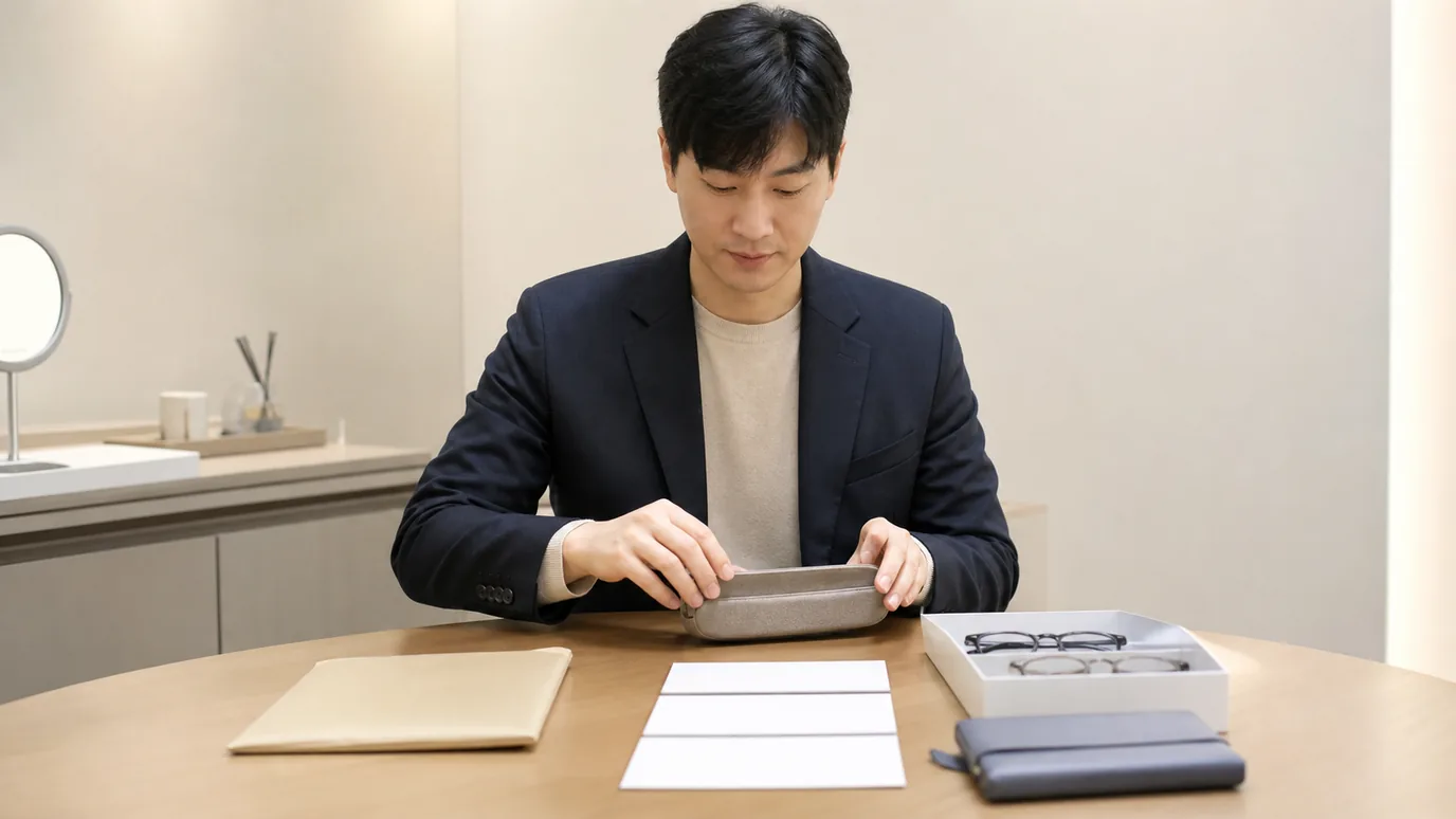 밝은 상담 테이블에서 30대 한국인 성인이 안경 케이스와 봉인된 검사 기록, 세 칸의 무문자 체크 카드를 정리하는 장면