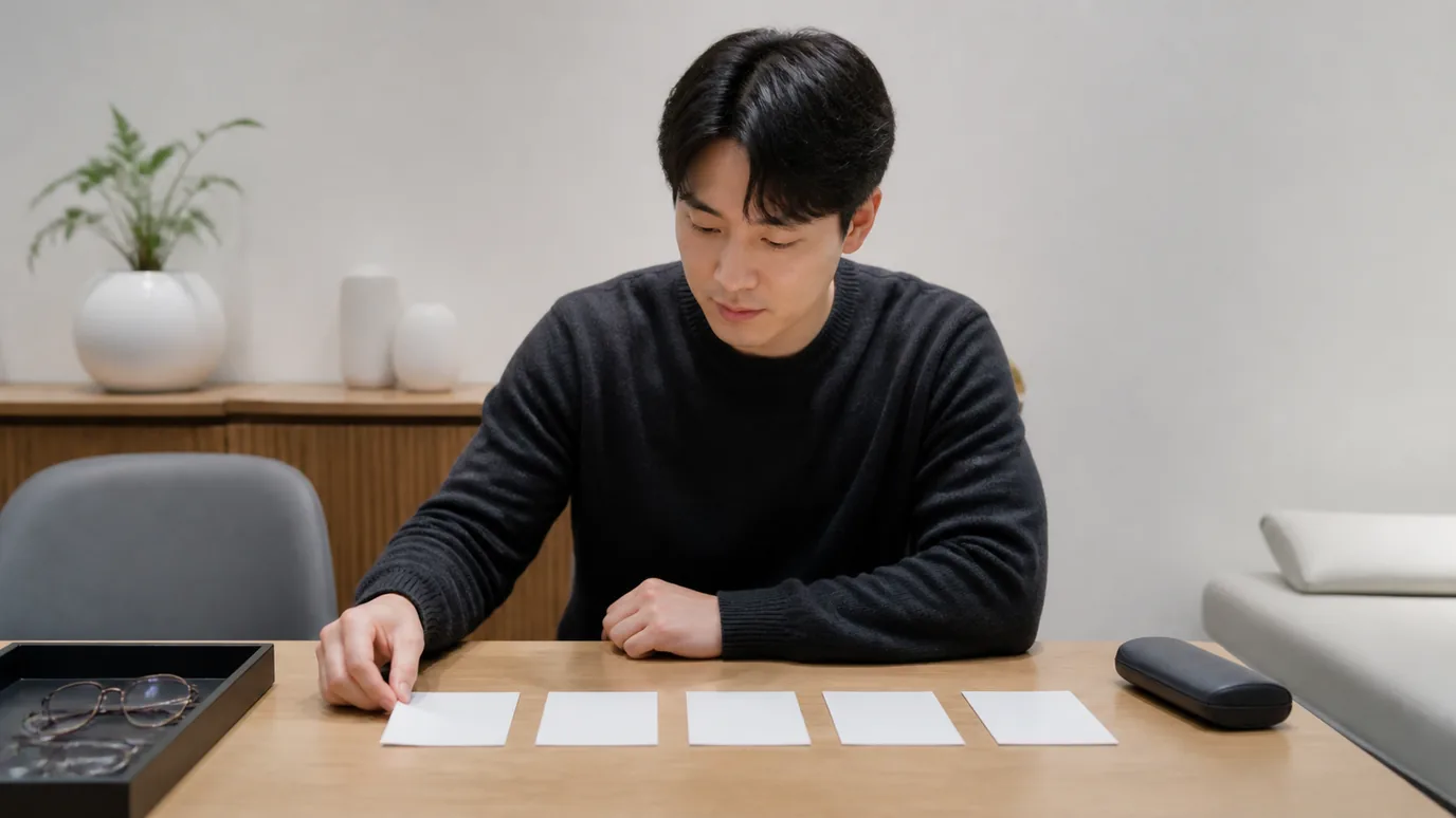 밝은 상담 공간에서 30대 한국인 성인이 안경 케이스 옆 다섯 장의 무문자 질문 카드를 순서대로 놓는 장면