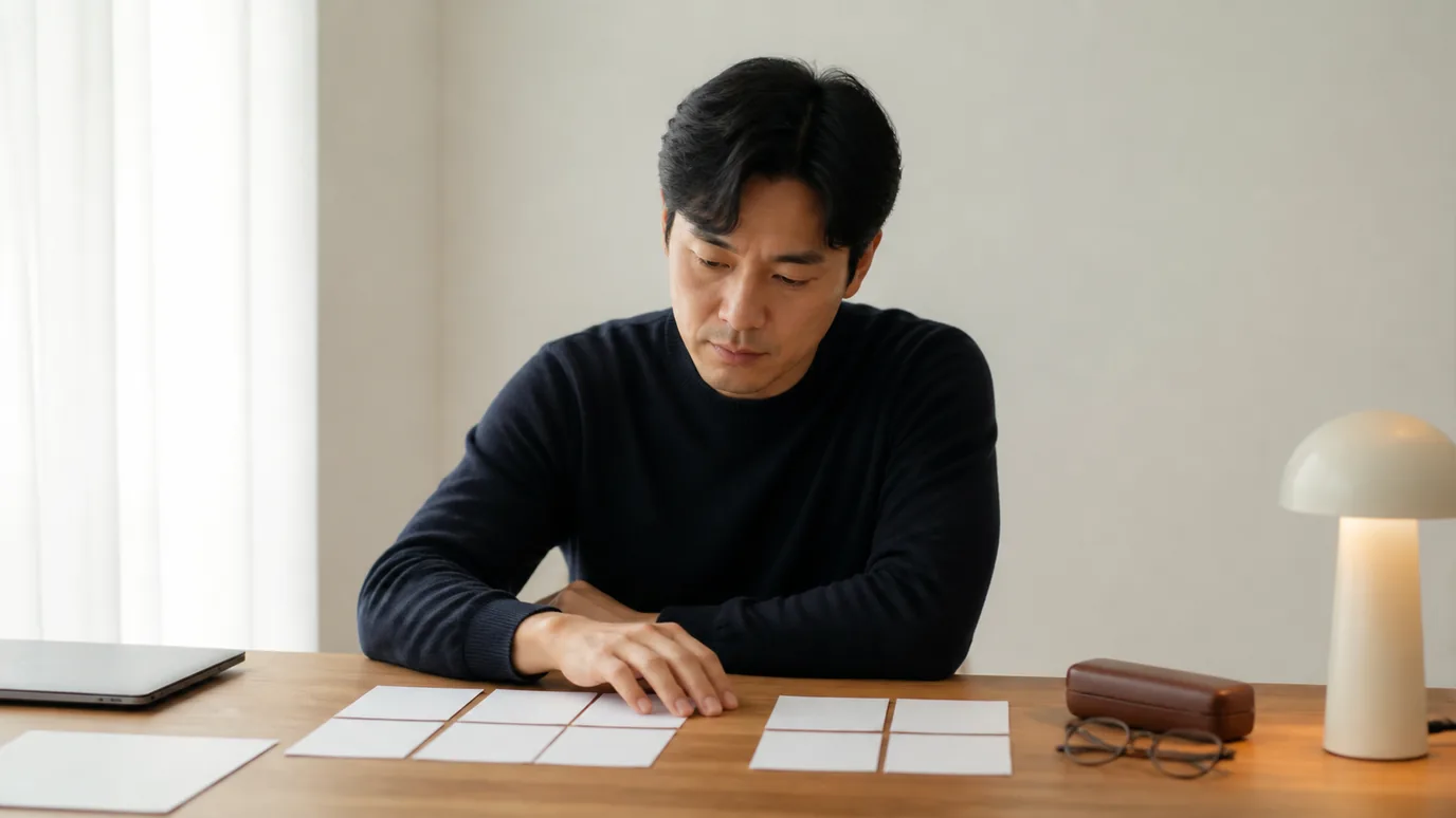 밝은 실내에서 30대 한국인 성인이 안경 케이스와 닫힌 노트북, 작은 조명 소품 옆의 두 묶음 무문자 관찰 카드를 살펴보는 장면
