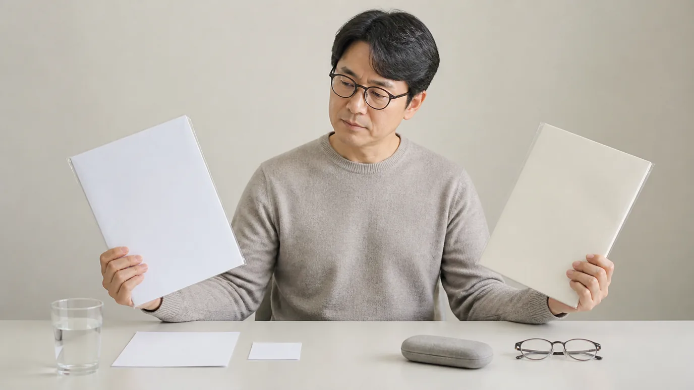 밝은 상담 테이블에서 40대 한국인 성인이 서로 다른 두 개의 봉인된 방법 서류와 안경 케이스를 균형 있게 대조하는 장면