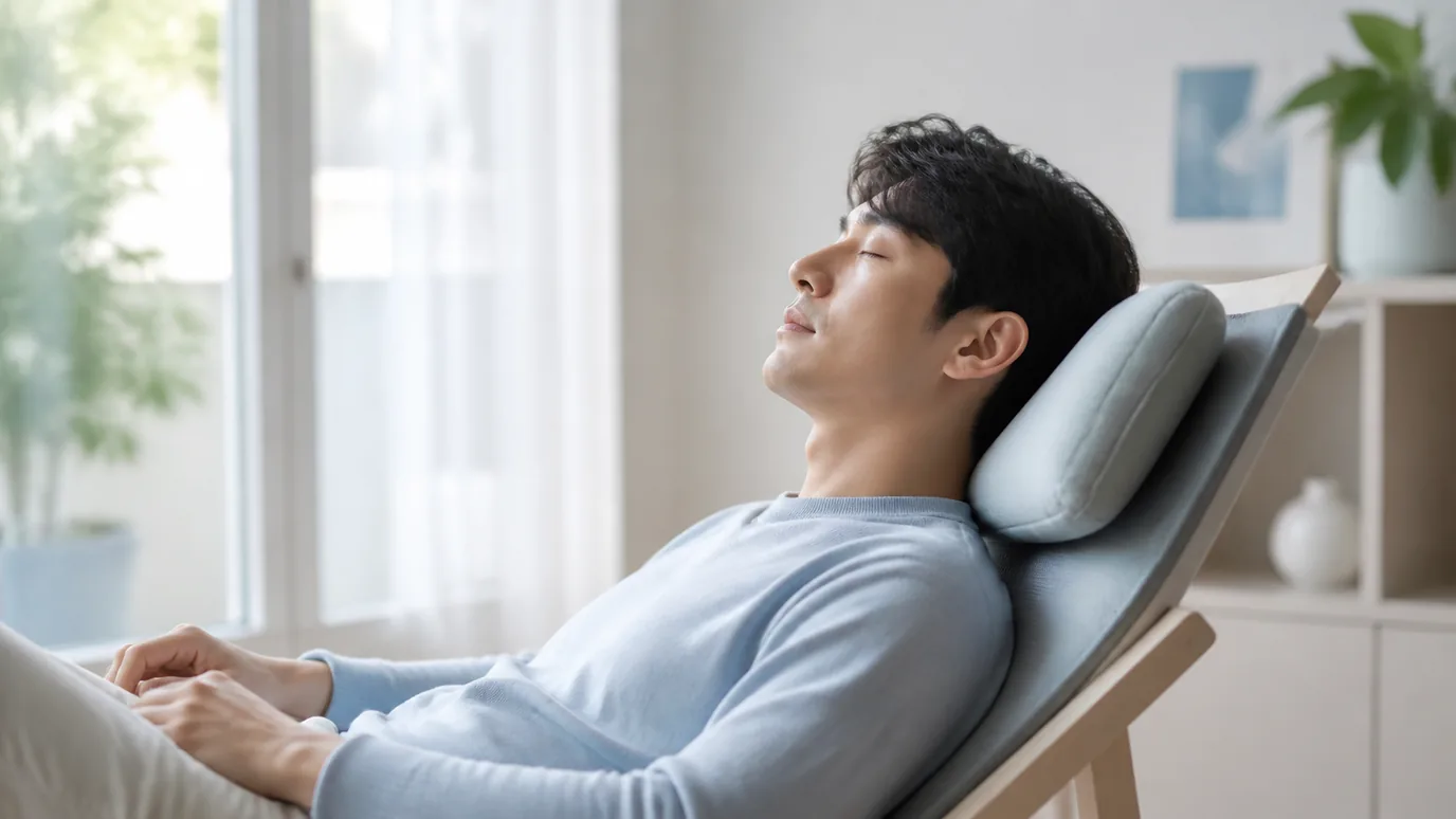 햇빛이 부드러운 방에서 30대 한국인 성인이 의자에 기대어 눈을 감고 편안히 쉬는 장면