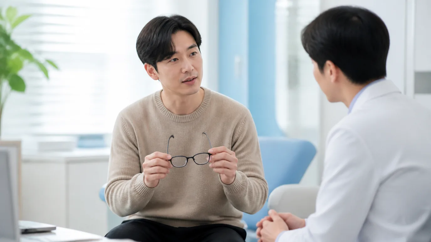 밝은 상담실에서 30대 한국인 성인이 안경을 손에 든 채 한국인 의료진과 차분히 대화하는 장면