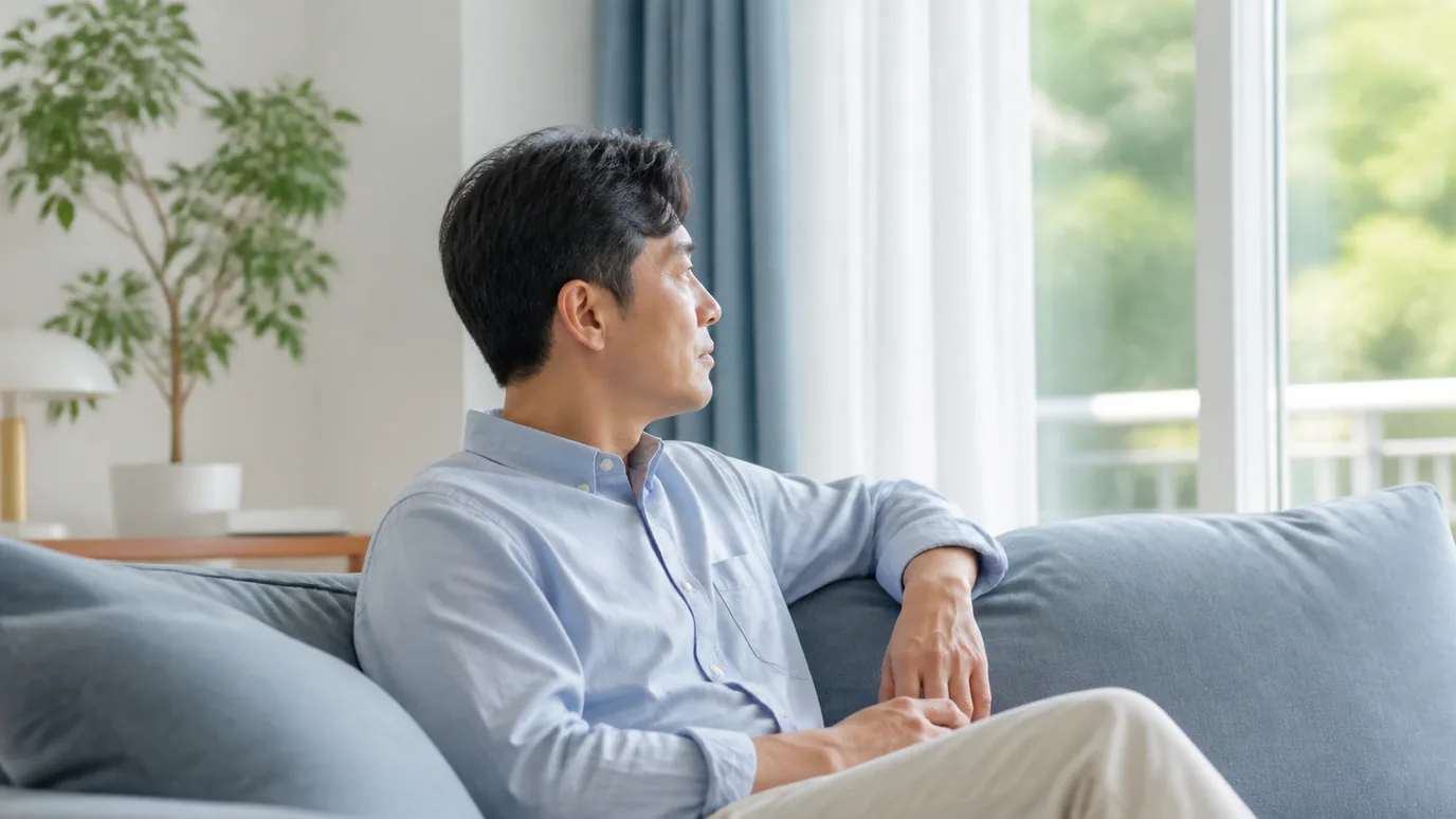 조용한 거실에서 40대 한국인 성인이 안경을 옆에 두고 먼 창밖을 차분히 바라보는 장면