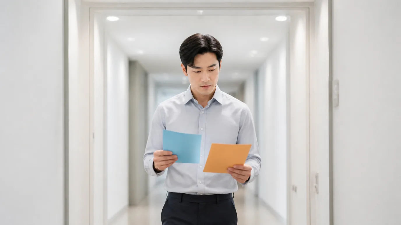 밝은 복도 입구에서 30대 한국인 성인이 색이 다른 단색 종이 표찰 두 장을 떨어뜨려 들고 방향을 확인하는 장면