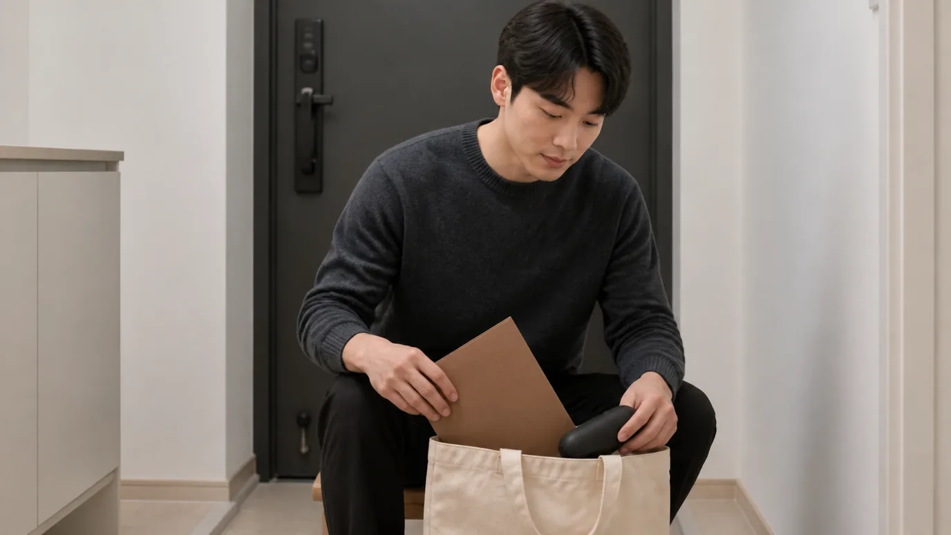 현관 옆 낮은 의자에서 30대 한국인 성인이 단색 종이 파일과 안경집을 천 가방 옆에 챙기는 장면