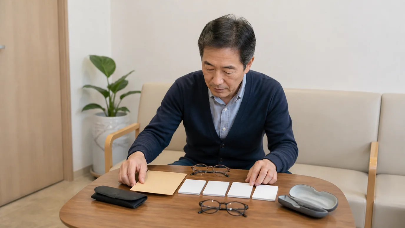 밝은 상담 대기 공간에서 60대 한국인 성인이 안경과 봉인된 기록 봉투, 네 장의 무문자 질문 카드를 정리하는 장면