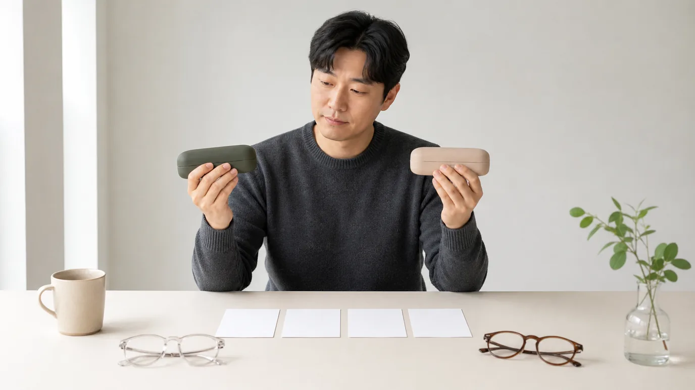 밝은 테이블에서 30대 한국인 성인이 서로 다른 안경 케이스 두 개와 빈 무문자 조건 카드를 나란히 대조하는 장면