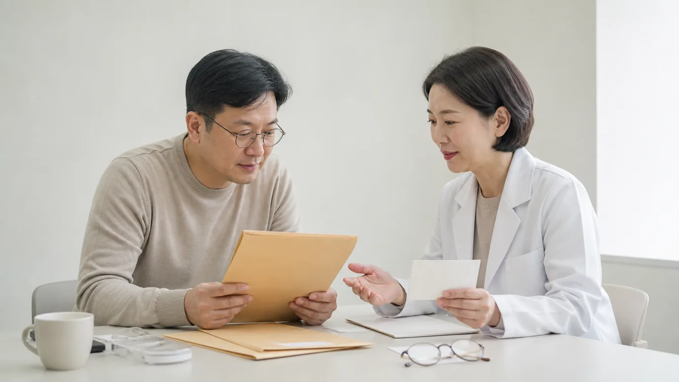 밝은 상담 테이블에서 40대 한국인 성인이 서로 다른 봉인 기록 봉투와 빈 무문자 설명 카드를 한국인 의료진과 확인하는 장면