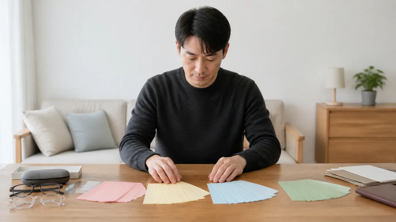 밝은 생활 공간에서 30대 한국인 성인이 안경 케이스와 네 갈래로 펼친 무문자 색상 카드들을 차분히 정리하는 장면