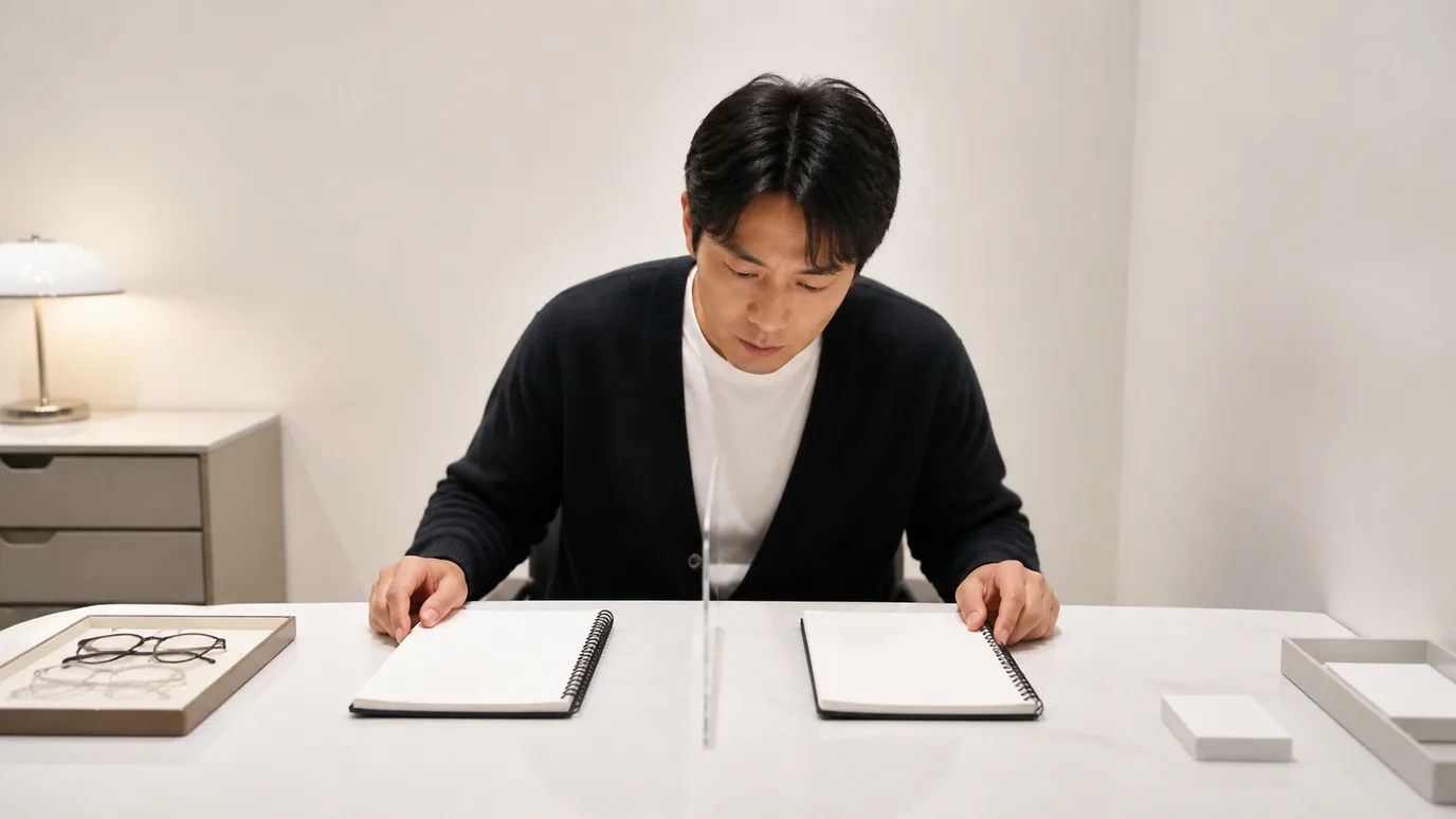 밝은 테이블에서 30대 한국인 성인이 서로 다른 두 개의 빈 무문자 기록책과 가운데 투명 칸막이를 확인하는 장면