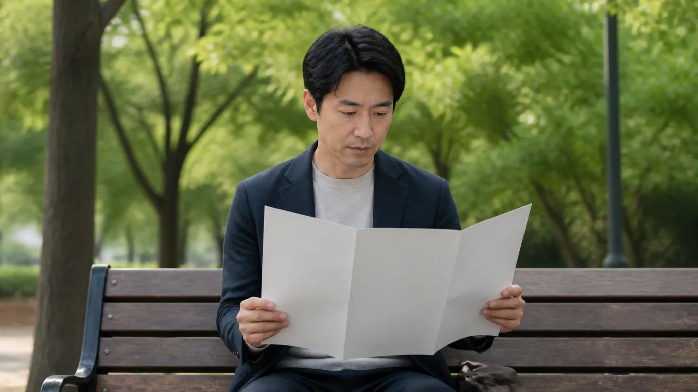 공원 벤치에서 40대 한국인 성인이 단색 종이 접이 지도를 펼쳐 세 갈래로 접힌 면을 살펴보는 장면