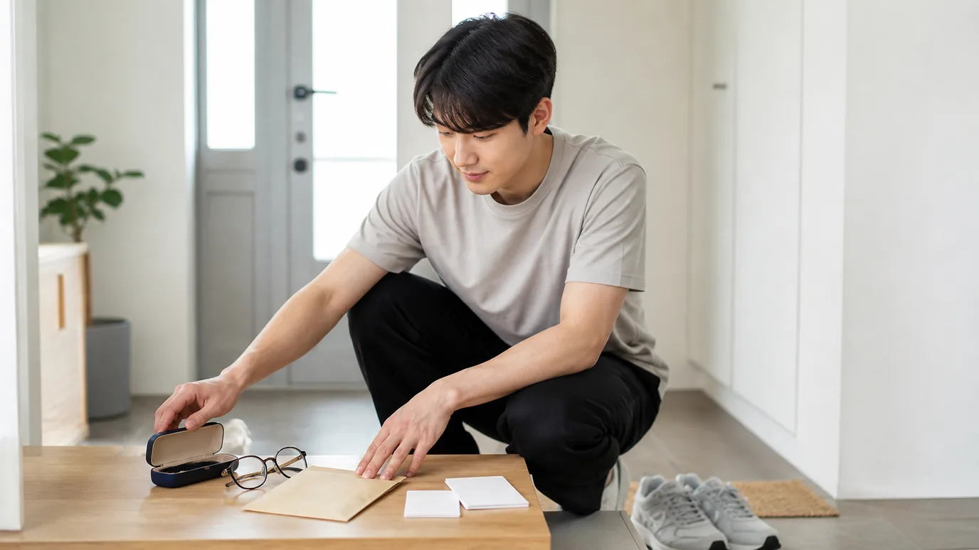 밝은 현관에서 20대 한국인 성인이 안경 케이스와 봉인된 일정 봉투, 운동화 옆 무문자 단계 카드를 정리하는 장면